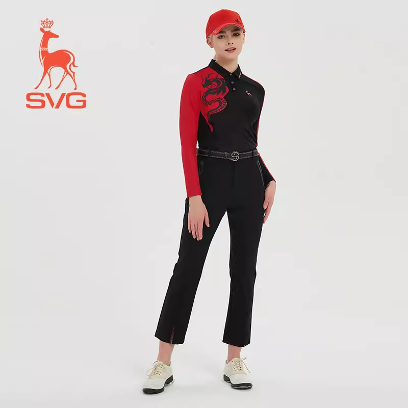 SVG Black Printed long -sleeved T -shirt Lapel Polo