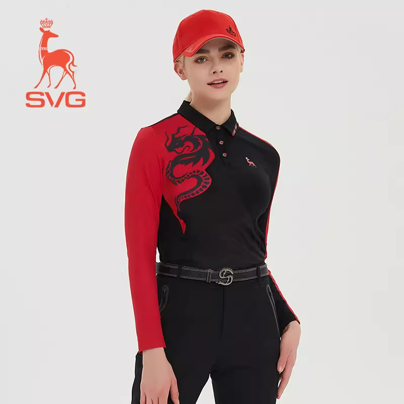 SVG Black Printed long -sleeved T -shirt Lapel Polo