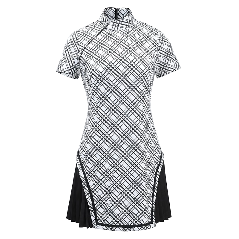 SVG Black and White Plaid Dress Chiffon Patchwork Cheongsam