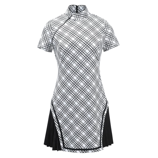 SVG Black and White Plaid Dress Chiffon Patchwork Cheongsam