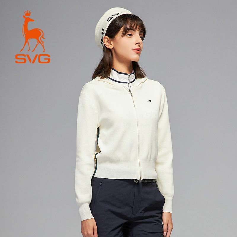 SVG Golf Women's White Sheep Wool Zipper Hooded Jacket Knitted Sweater
