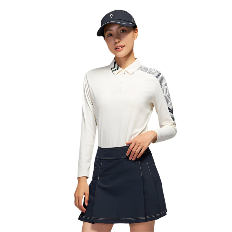 SVG Golf Women's Off-White Printed Long-Sleeved Polo Shirt