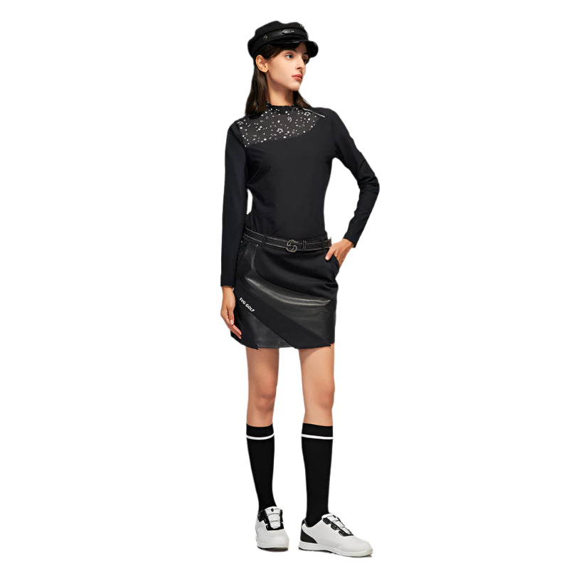 SVG Women's Black Patchwork Print Long-sleeved T-shirt Stand Collar
