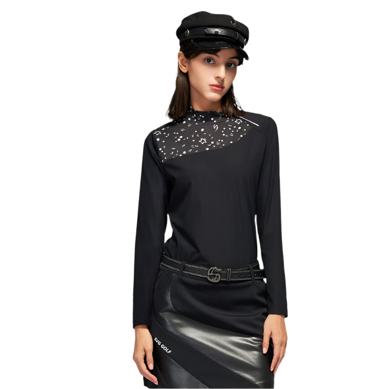SVG Women's Black Patchwork Print Long-sleeved T-shirt Stand Collar