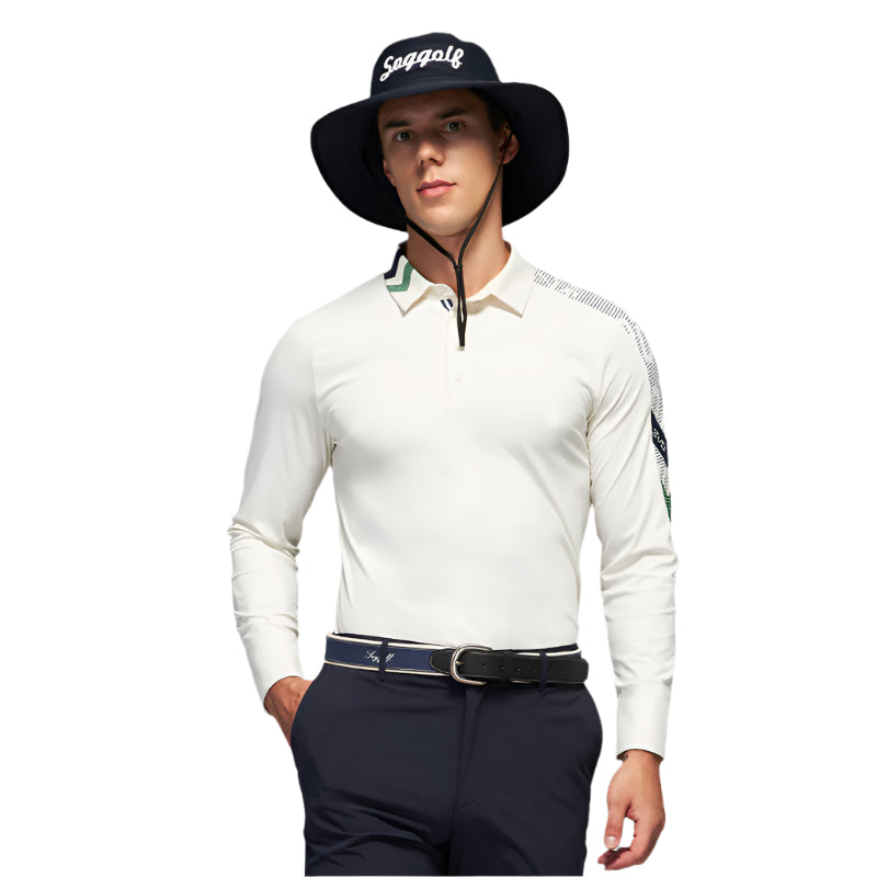 SVG Golf Men's Off-White Printed Long-Sleeved Polo Shirt