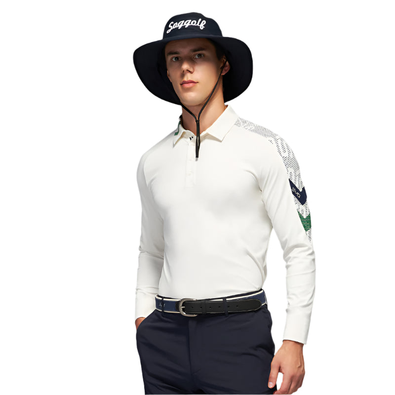 SVG Golf Men's Off-White Printed Long-Sleeved Polo Shirt