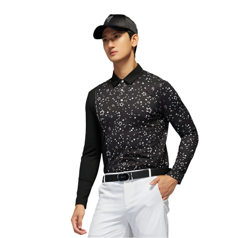 SVG Men's Black Patchwork Print Long-sleeved Polo Shirt