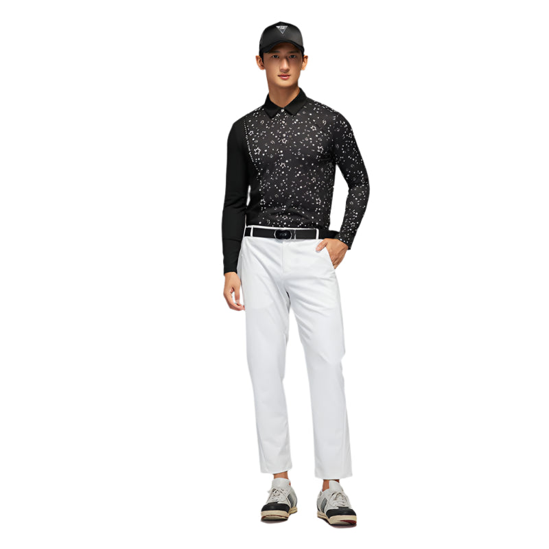 SVG Men's Black Patchwork Print Long-sleeved Polo Shirt