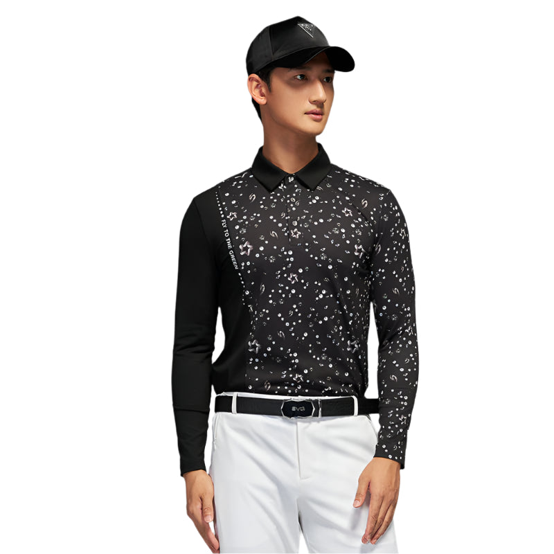 SVG Men's Black Patchwork Print Long-sleeved Polo Shirt