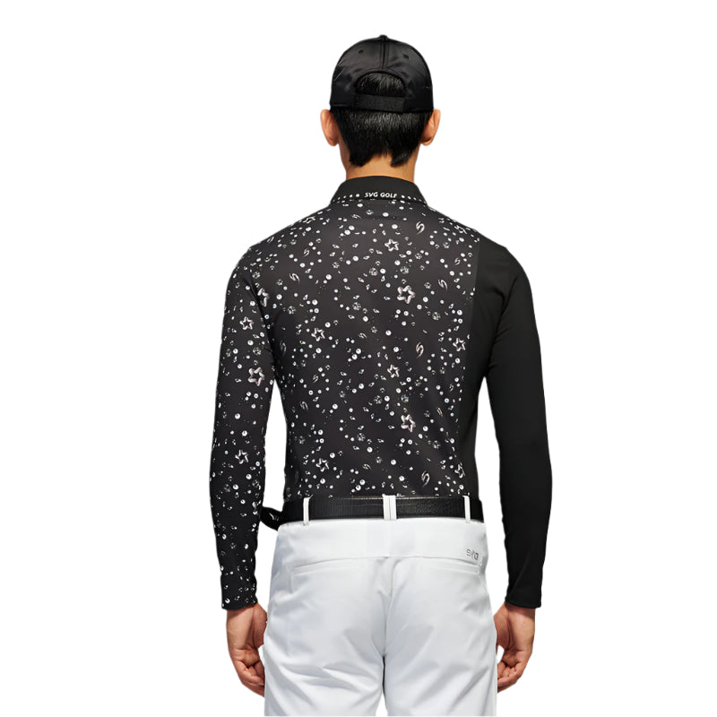 SVG Men's Black Patchwork Print Long-sleeved Polo Shirt