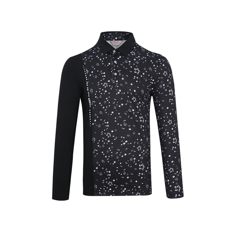 SVG Men's Black Patchwork Print Long-sleeved Polo Shirt