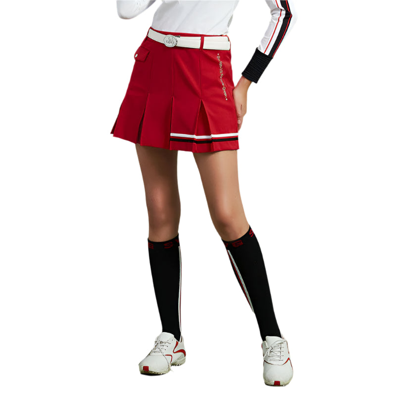 SVG Golf Women's Red Striped Printed Pleated Skort