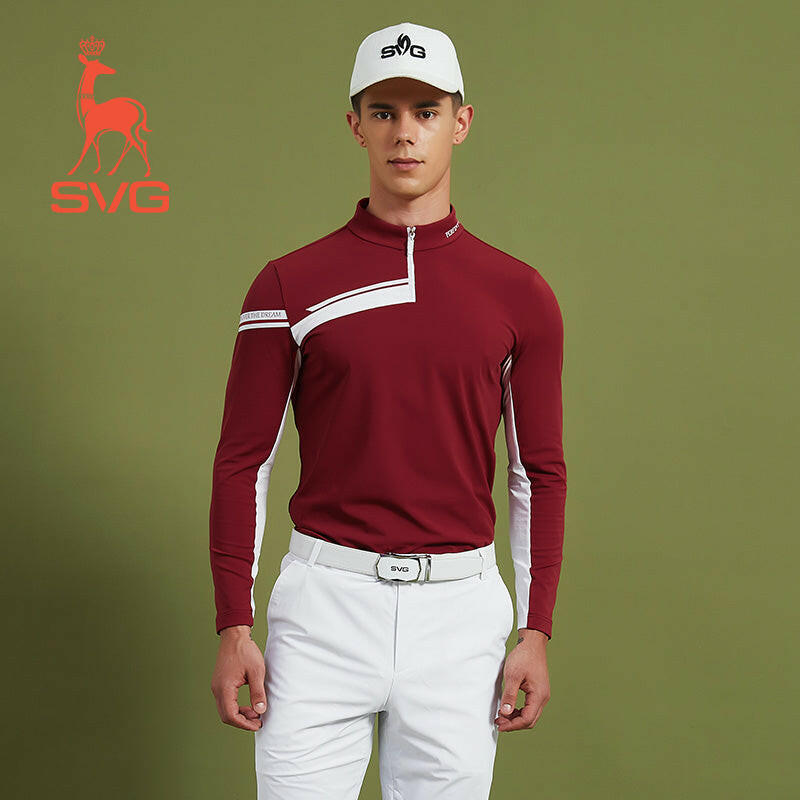 SVG Golf Fall Winter Men's Red Stitched Long Sleeved T-Shirt Zipper Stand Collar Jacket
