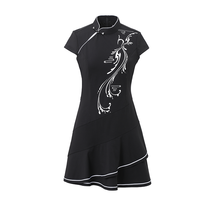 SVG Golf Women's Black Printed Cheongsam Ruffled Golf Dress