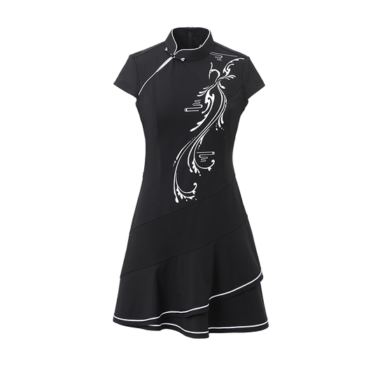 SVG Golf Women's Black Printed Cheongsam Ruffled Golf Dress