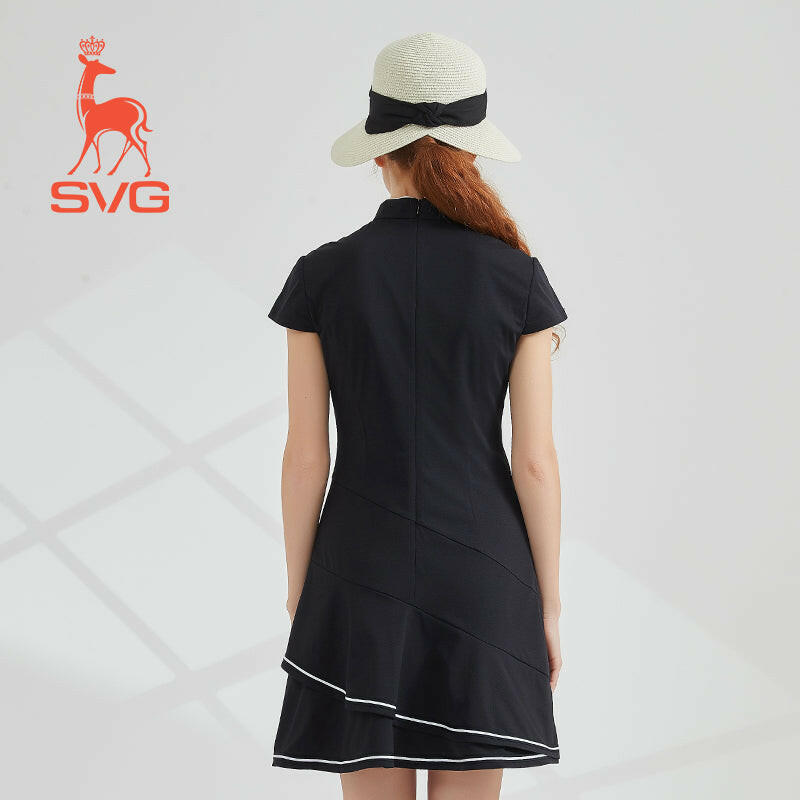 SVG Golf Women's Black Printed Cheongsam Ruffled Golf Dress