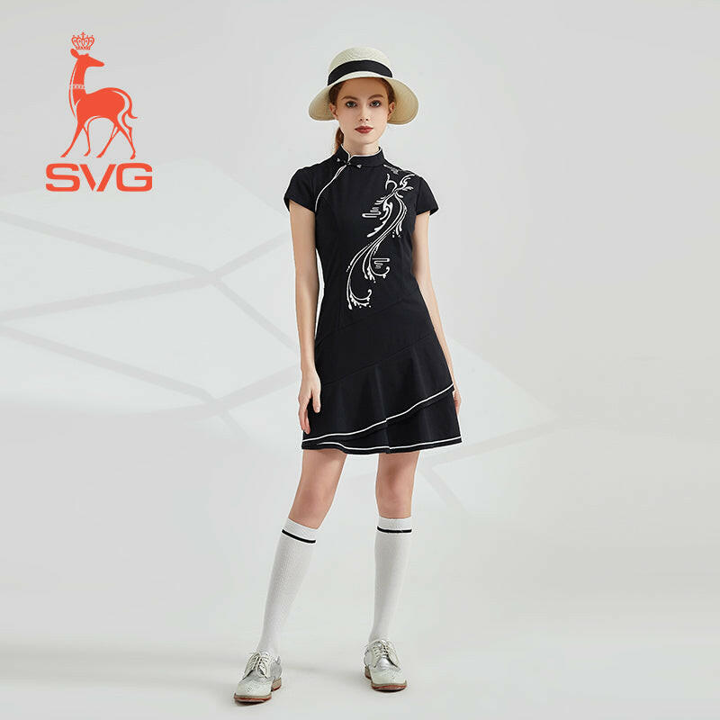 SVG Golf Women's Black Printed Cheongsam Ruffled Golf Dress