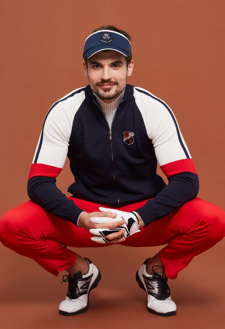 Men's long sleeve cardigan, in navy, white and red color blocking.