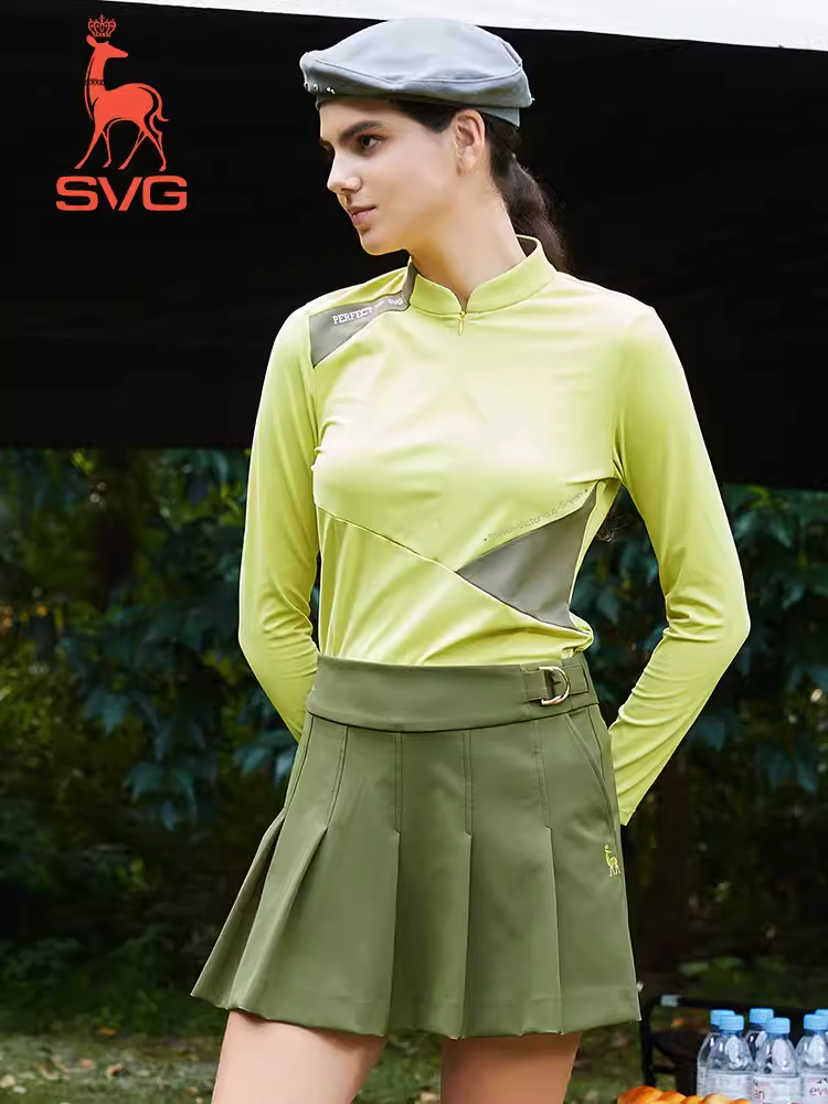 SVG Women's Yellow Green Long Sleeve T-Shirt Zipper Stand Collar