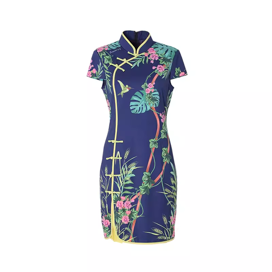 SVG Golf Women's Navy Blue Printed Cheongsam Dress