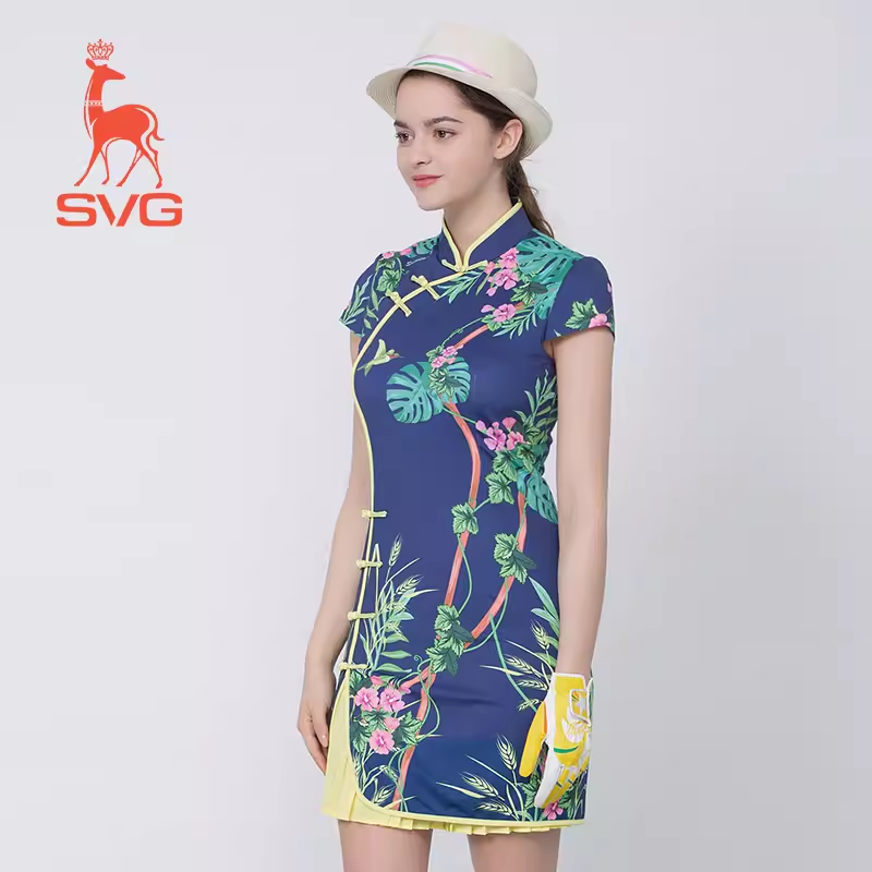 SVG Golf Women's Navy Blue Printed Cheongsam Dress