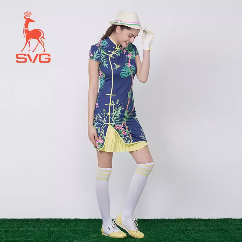 SVG Golf Women's Navy Blue Printed Cheongsam Dress