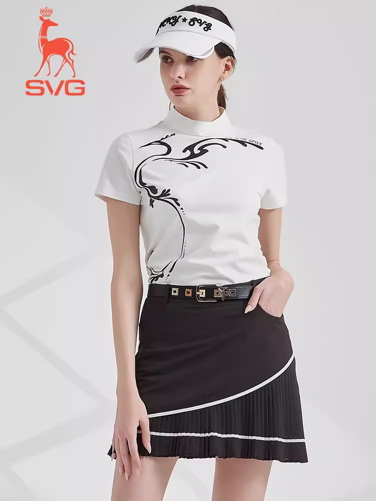 SVG Golf Women's White Printed Short-Sleeved Stand-Up Collar T-Shirt