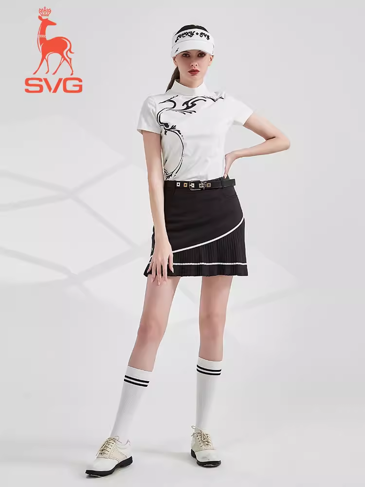 SVG Golf Women's White Printed Short-Sleeved Stand-Up Collar T-Shirt