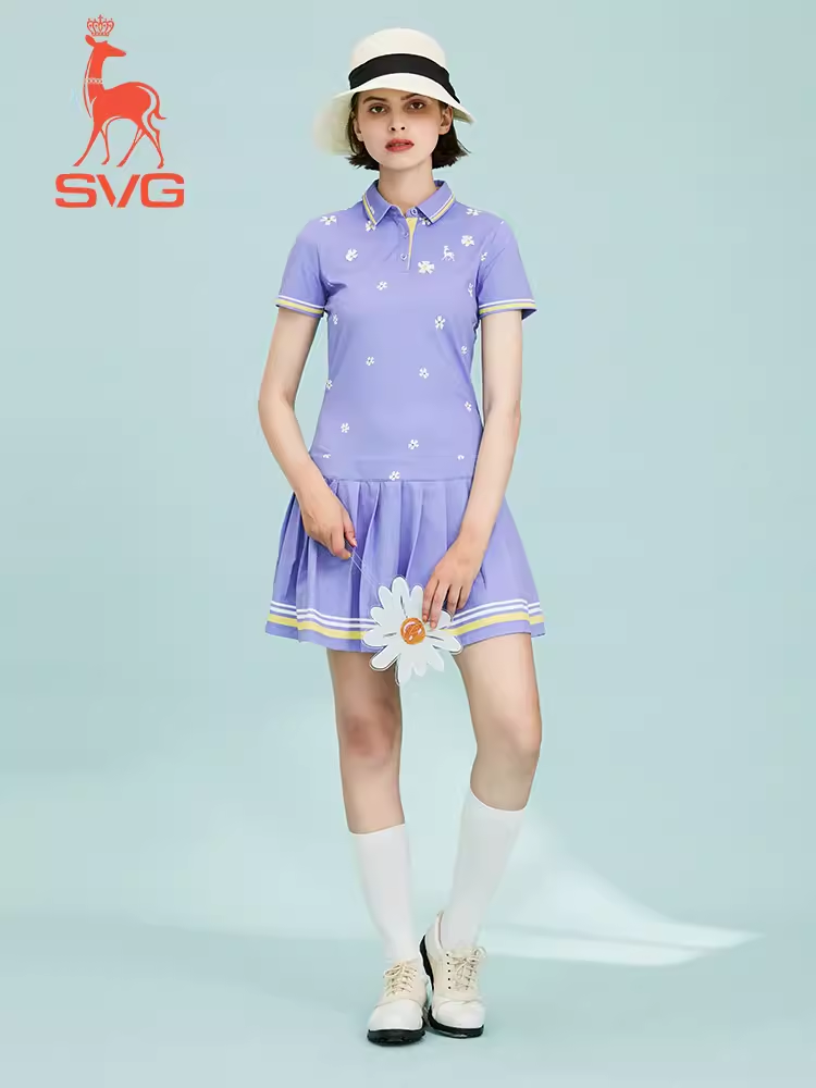 SVG Golf Light Purple Flower Print Pleated Dress