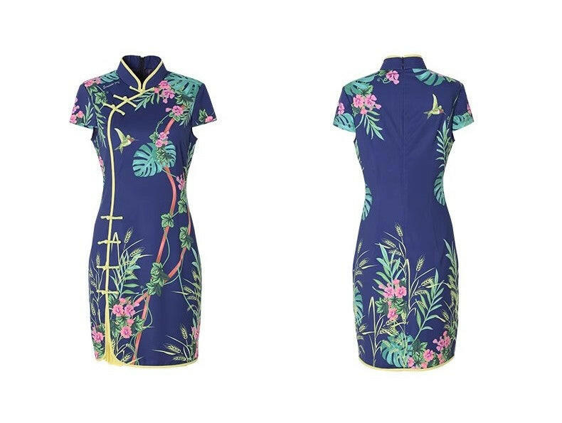 SVG Golf Women's Navy Blue Printed Cheongsam Dress