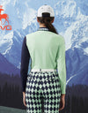 SVG Blue and Green Color Block Long Sleeve T-Shirt Printed Lapel Top