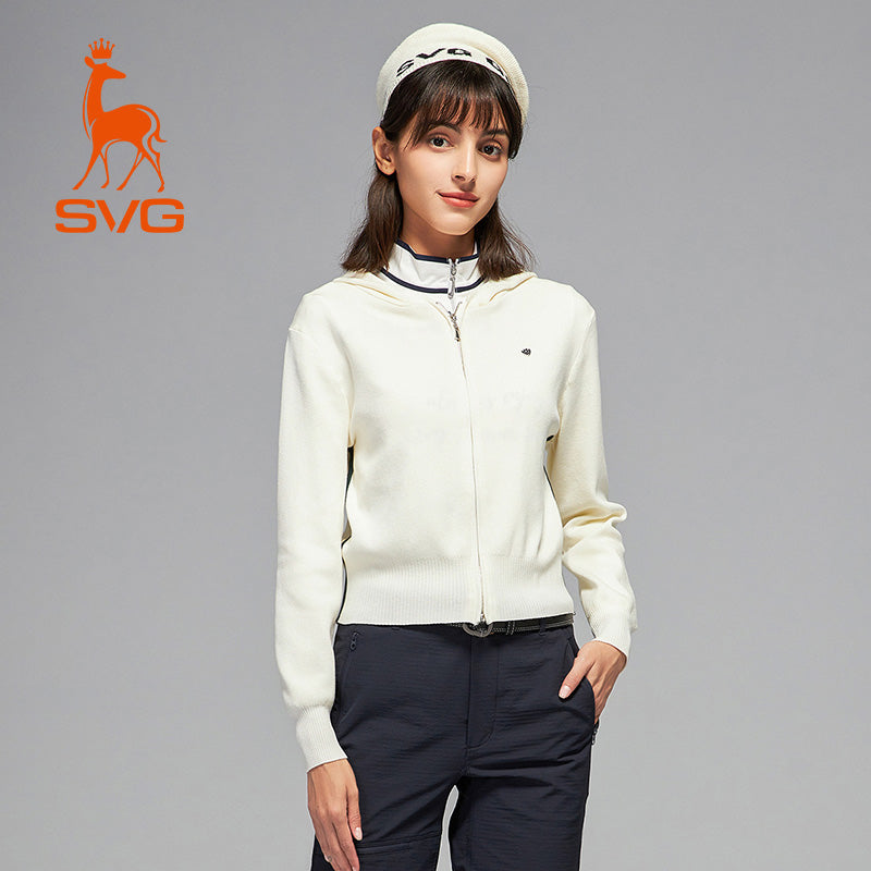 SVG Golf Women's White Sheep Wool Zipper Hooded Jacket Knitted Sweater