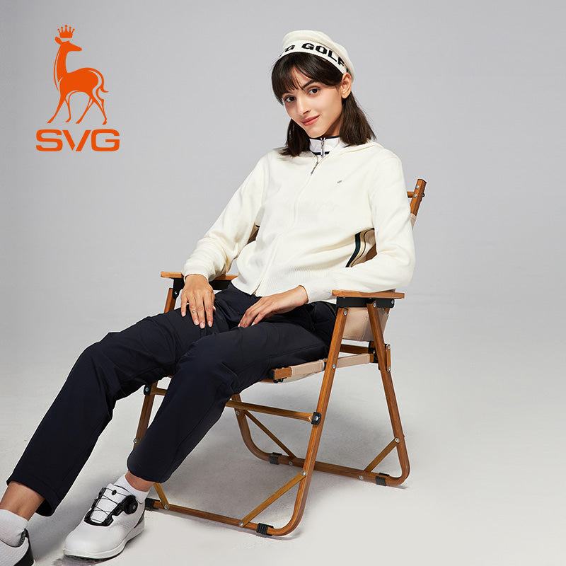 SVG Golf Women's White Sheep Wool Zipper Hooded Jacket Knitted Sweater