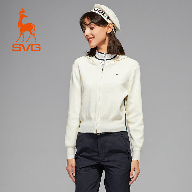 SVG Golf Women's White Sheep Wool Zipper Hooded Jacket Knitted Sweater