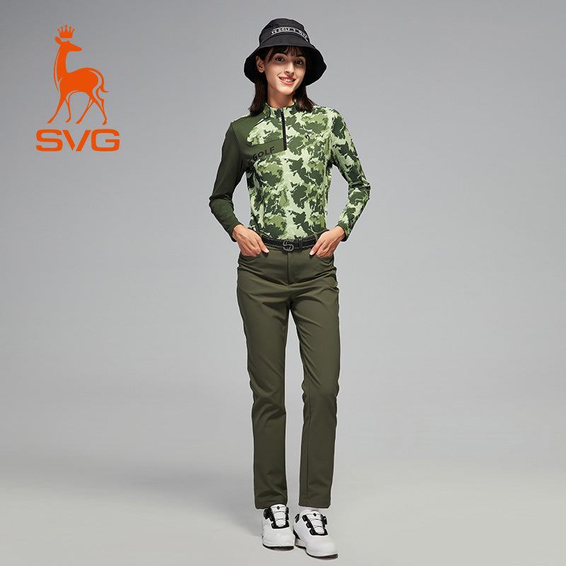 SVG Women's Camouflage Print Colorblock Long Sleeve T-Shirt Zipper Stand Collar