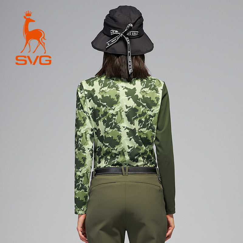 SVG Women's Camouflage Print Colorblock Long Sleeve T-Shirt Zipper Stand Collar