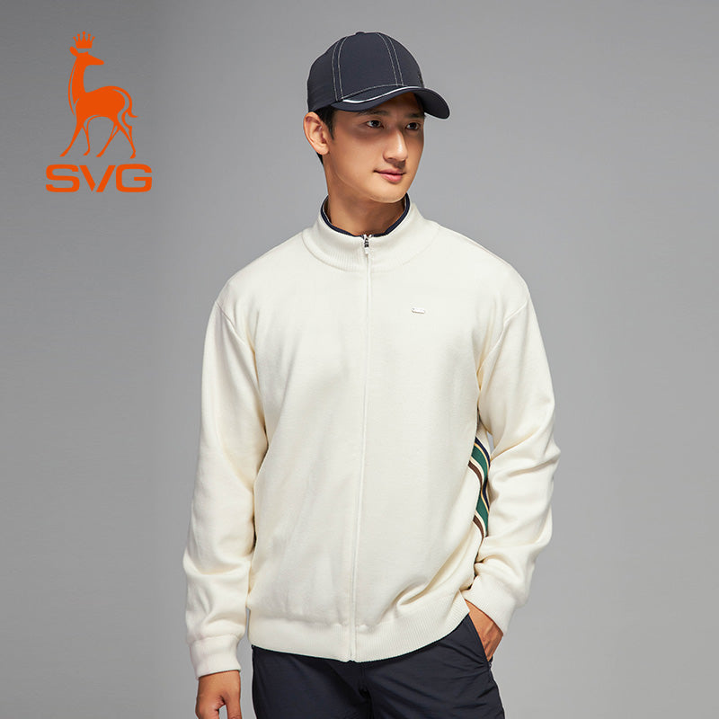 SVG Golf Men's White Sheep Wool Zipper Hooded Jacket Knitted Sweater