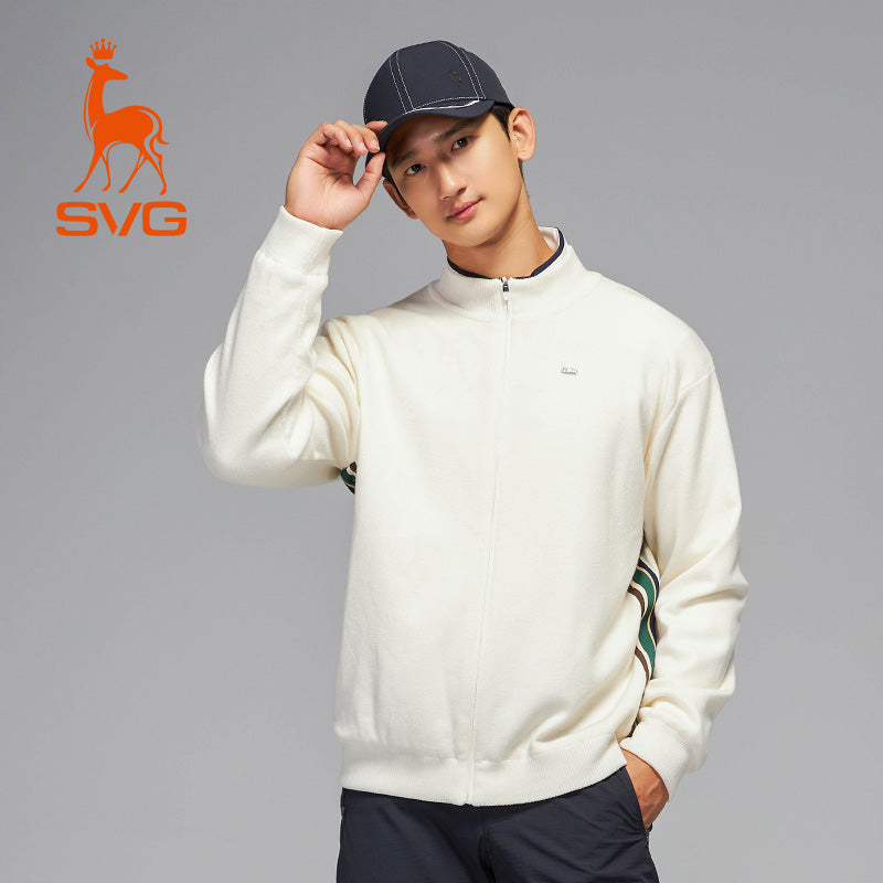 SVG Golf Men's White Sheep Wool Zipper Hooded Jacket Knitted Sweater