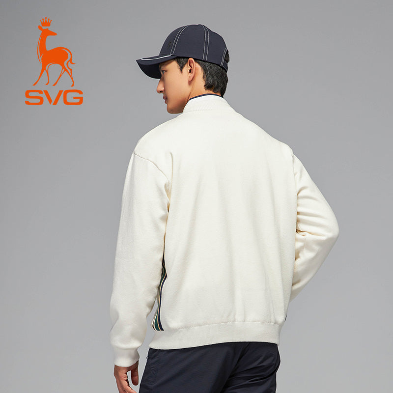 SVG Golf Men's White Sheep Wool Zipper Hooded Jacket Knitted Sweater