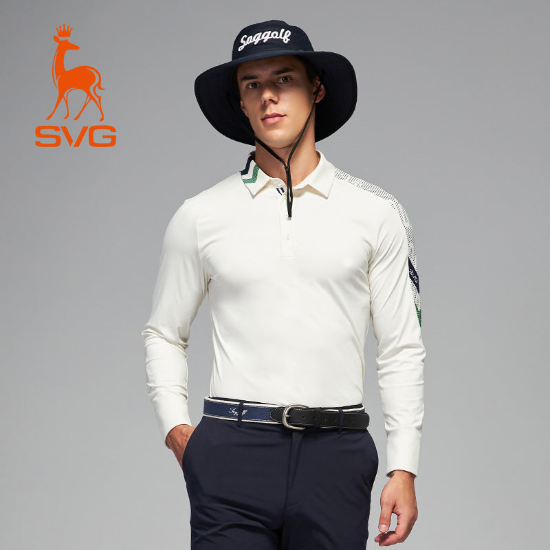 SVG Golf Men's Off-White Printed Long-Sleeved Polo Shirt