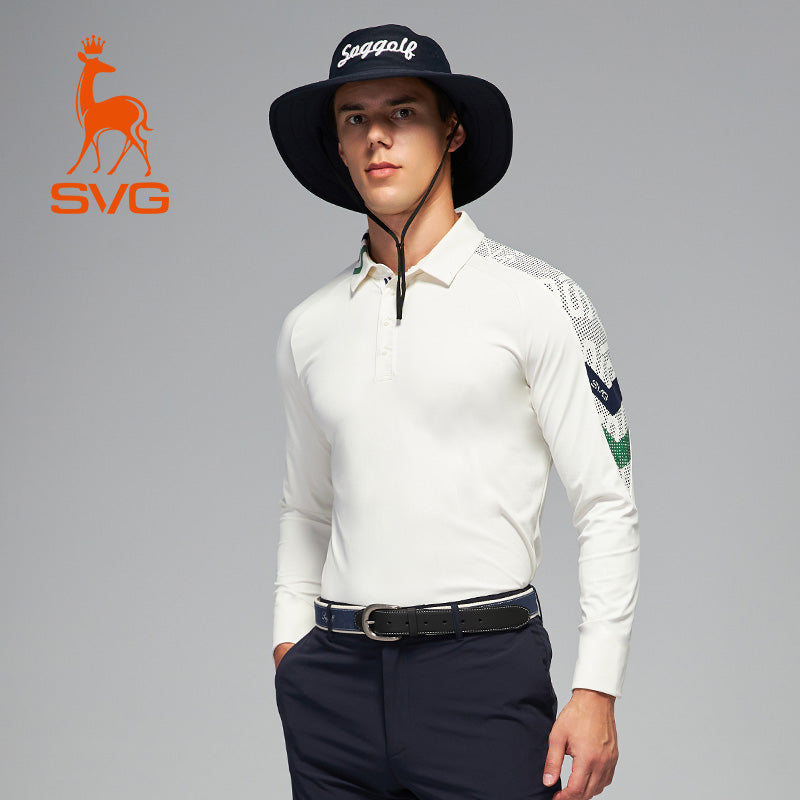 SVG Golf Men's Off-White Printed Long-Sleeved Polo Shirt