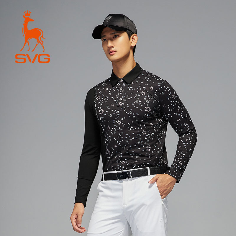 SVG Men's Black Patchwork Print Long-sleeved  Polo Shirt