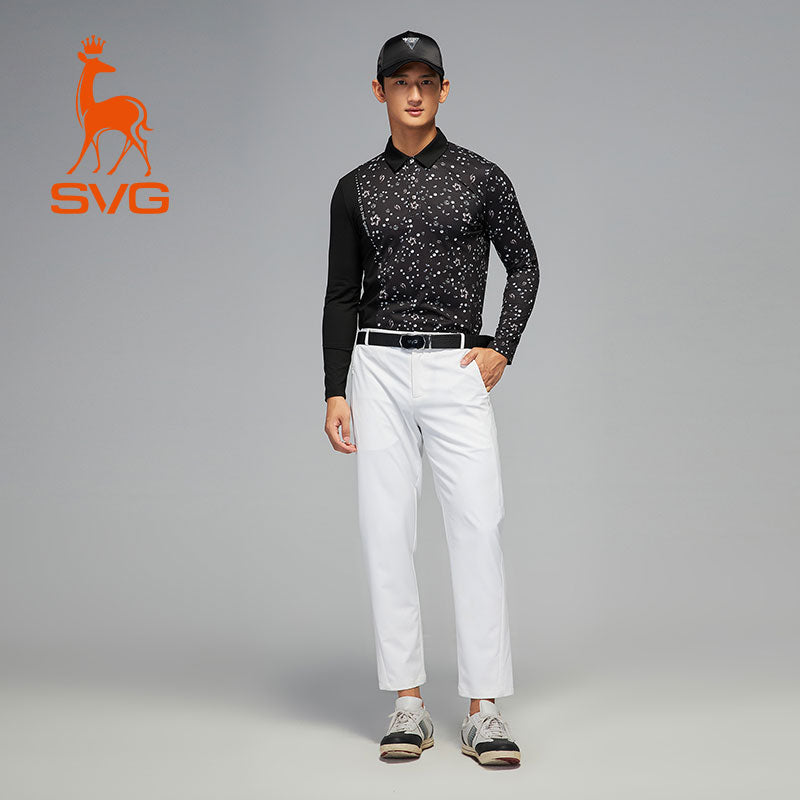 SVG Men's Black Patchwork Print Long-sleeved  Polo Shirt