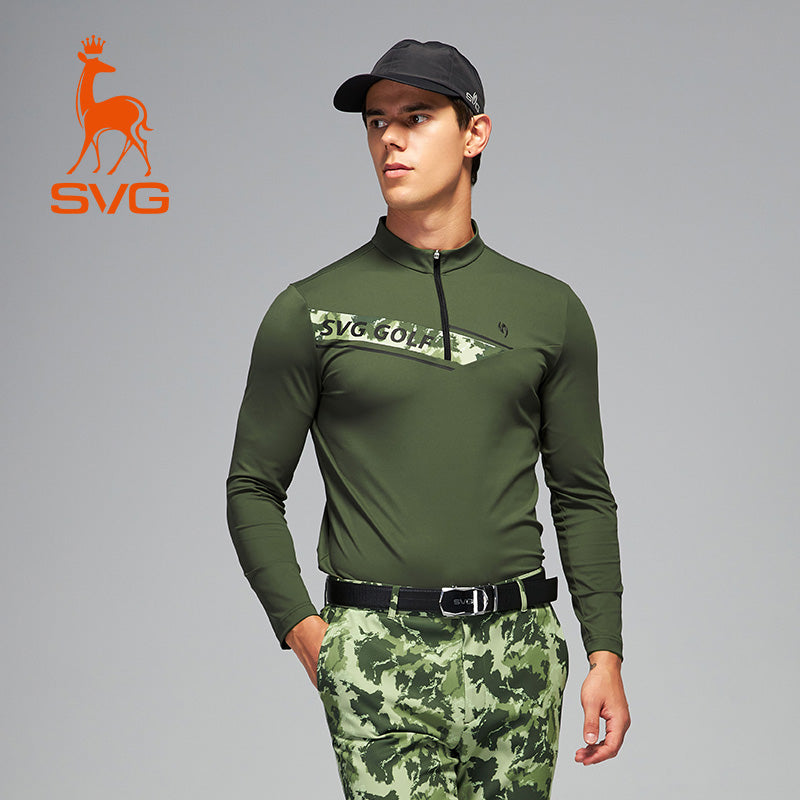 SVG Men's Camouflage Print Colorblock Long Sleeve T-Shirt Zipper Stand Collar