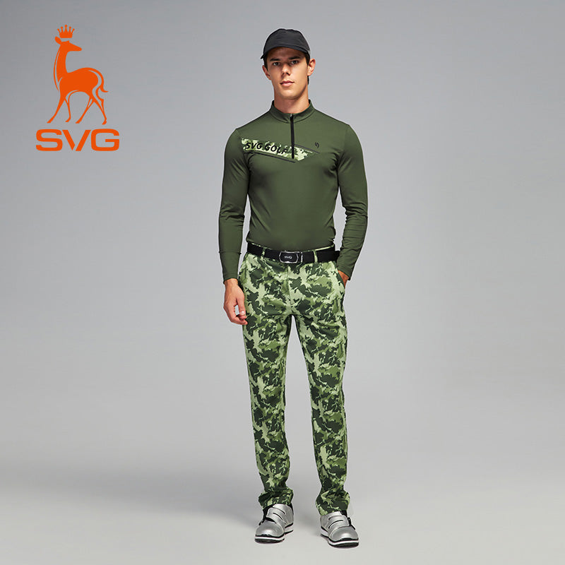 SVG Men's Camouflage Print Colorblock Long Sleeve T-Shirt Zipper Stand Collar