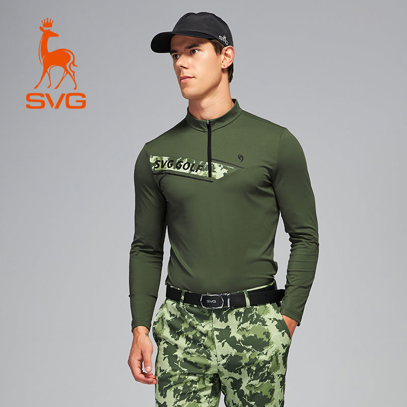 SVG Men's Camouflage Print Colorblock Long Sleeve T-Shirt Zipper Stand Collar