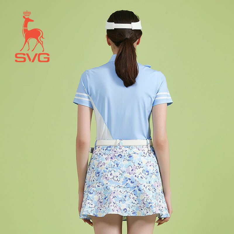 SVG Golf Women's Blue Stitched Short-sleeved T-shirt Bow Neckline