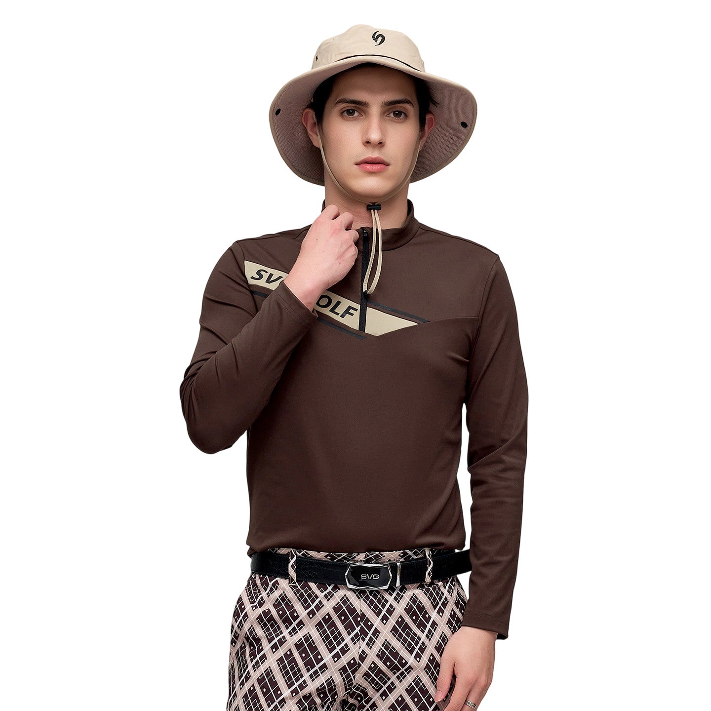 SVG Golf Men's Coffee Printed  Stand Collar Long Sleeve T-Shirt