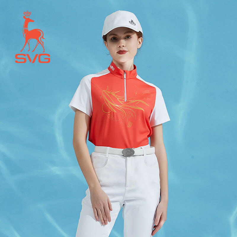 SVG Golf  Women's Orange Stitched Short-sleeved T-shirt Zipper Collar Jacket