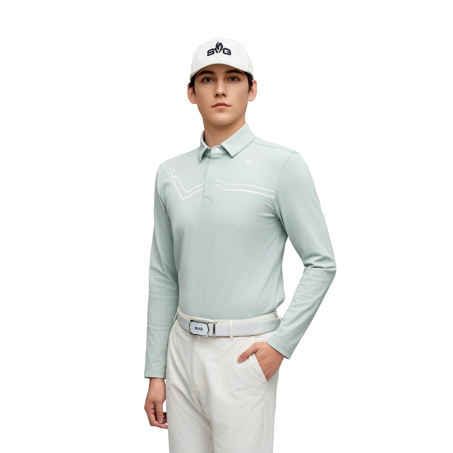 SVG Golf Men's Light Green Mandarin Collar Long Sleeve T-Shirt